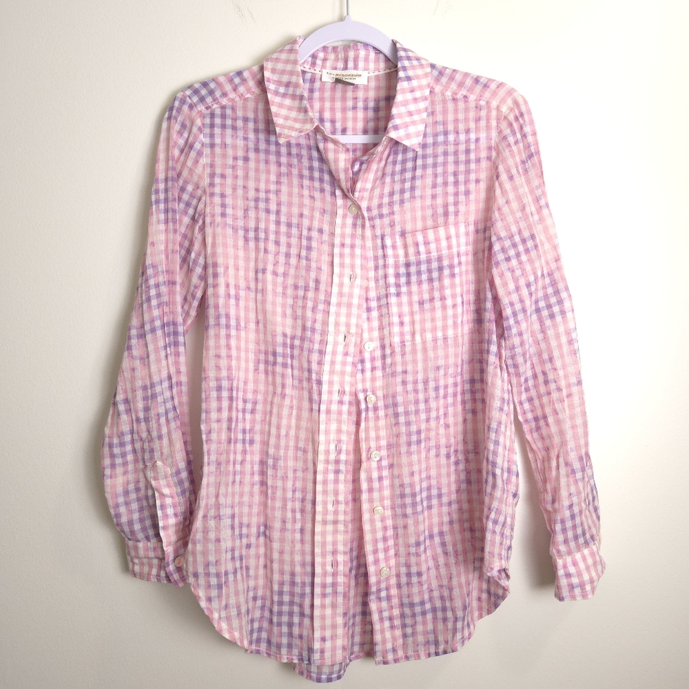 PILCRO By Anthropologie Cate Bleach Dyed Classic Gingham Pink Purple Shirt XS